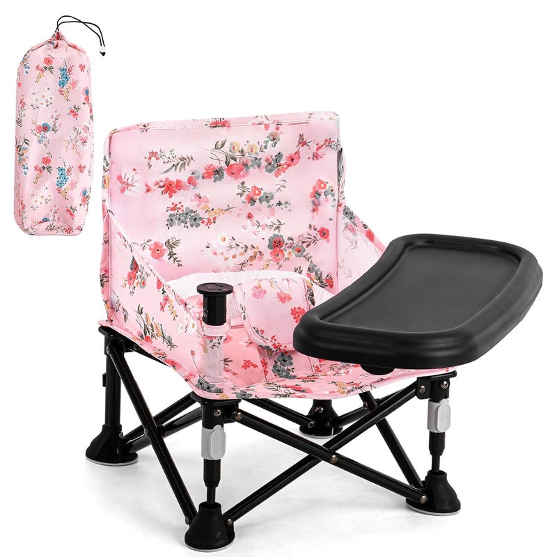 AskCat Booster Seat for Kitchen Chair with Removable Tray, Portable Foldable Baby Chair for Babies 6-36 Months, Indoor Outdoor Toddler Camping Chair (Pink Floral Design) - Image 1